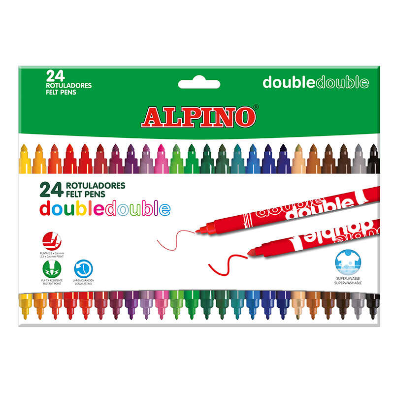 Alpino Double Double Pack con 24 Rotuladores Doble Punta - Punta Gruesa 3.6mm y Fina 2.3mm - Tinta Superlavable - Ideal para Trabajos Escolares y Dibujos - Colores Surtidos