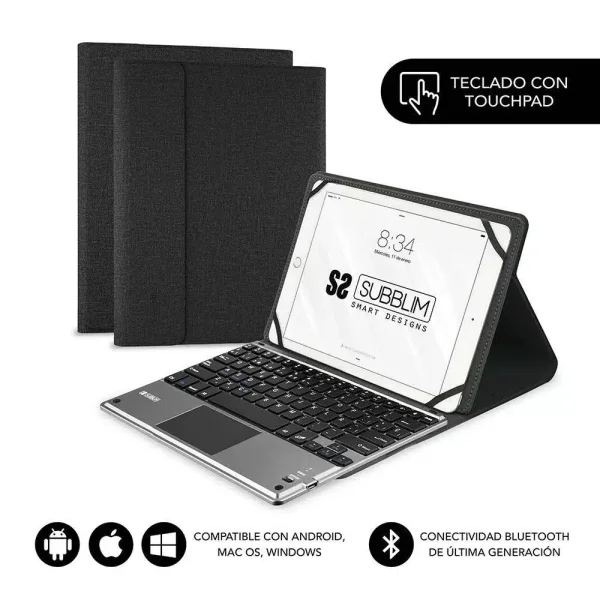Subblim Teclado Bluetooth extraíble - Funda universal 9-10.1" - Diseño ultradelgado - Soporte ajustable - Touchpad - Sistema magnético - Resistente y adaptable - Inalámbrico - Bluetooth - Color Negro