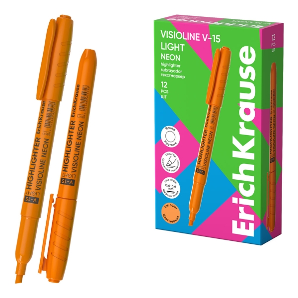 ErichKrause Visioline V-15 Light Neon Marcador Fluorescente - Punta Biselada - Trazo de 0.6 a 3.5mm - Color Naranja · Pack de 12 uds.