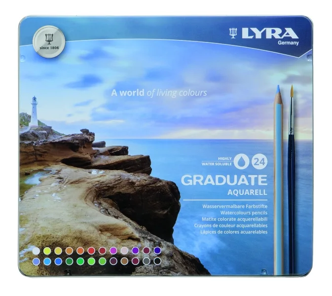 Lyra Graduate Pack de 24 Lapices de Colores Acuarelables con 1 Pincel Incluido - Hexagonal - Estuche de Metal - Colores Surtidos