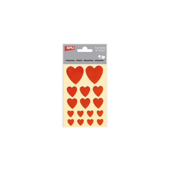 Apli Bolsa de Pegatinas con Corazones - Adhesivo Permanente - Tamaños Surtidos - 3 Hojas (48 Pegatinas) - Ideal para Decorar, Tarjetas y Regalos - Color Rojo