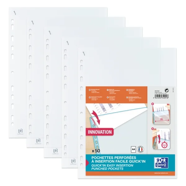 Oxford Quick'In A4 Pack de 50 Fundas Multitaladro Polipropileno Estandar Cristal 50 micras - 11 Taladros - Facil Insercion - Transparente · Pack de 20 uds.