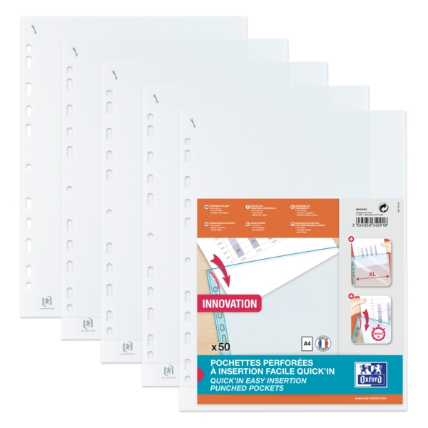 Oxford Quick'In A4 Pack de 50 Fundas Multitaladro Polipropileno Estandar Cristal 50 micras - 11 Taladros - Facil Insercion - Transparente · Pack de 20 uds.
