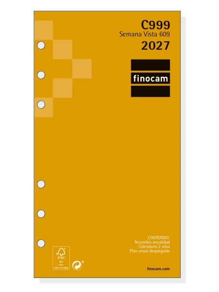 Finocam C999 Recambio para Agenda Classic - Anual 2027 - Semana Vista Horizontal - Formato 609 - 94x171mm - 6 Taladros - Papel de 80g/m2 - Esquinas Microperforadas - Color Blanco