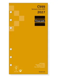 Finocam C999 Recambio para Agenda Classic - Anual 2027 - Semana Vista Horizontal - Formato 609 - 94x171mm - 6 Taladros - Papel de 80g/m2 - Esquinas Microperforadas - Color Blanco