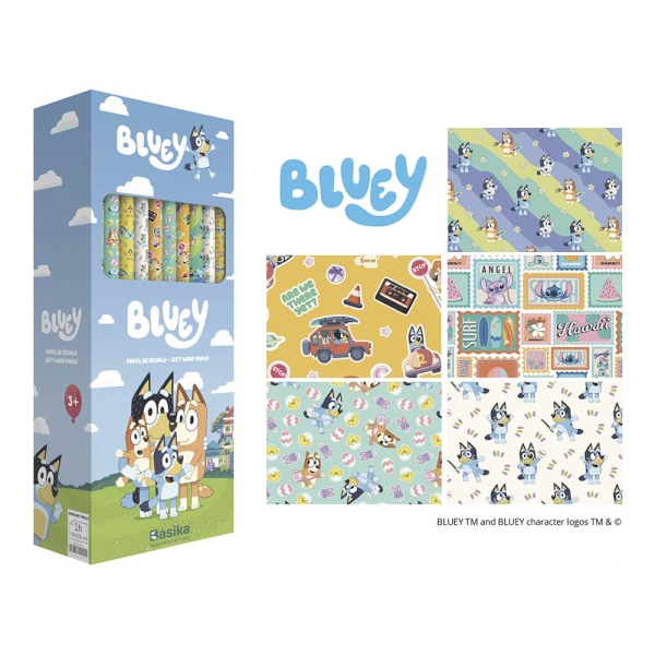 Safta Bluey Ready Expositor con 50 Rollos de Papel Regalo - Medidas del Rollo 70x200cm - 5 Patrones Diferentes - 30.5x71x15.5cm - Colores Surtidos