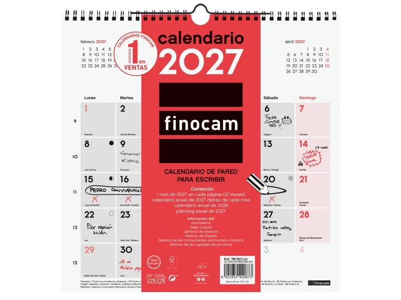 Finocam Neutro Calendario de Pared - Anual 2027 - Mes Vista - 300x300mm - Espiral Doble - Papel de 120g/m2 - Espacio para Escribir - Color Rojo y Blanco