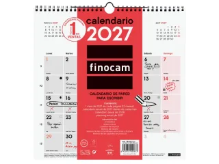 Finocam Neutro Calendario de Pared - Anual 2027 - Mes Vista - 300x300mm - Espiral Doble - Papel de 120g/m2 - Espacio para Escribir - Color Rojo y Blanco