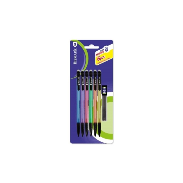 Bismark Pack con 6 Portaminas 0.7mm HB con Goma + 1 Cajita de Minas - Punta Retractil - Cuerpos de Colores Surtidos