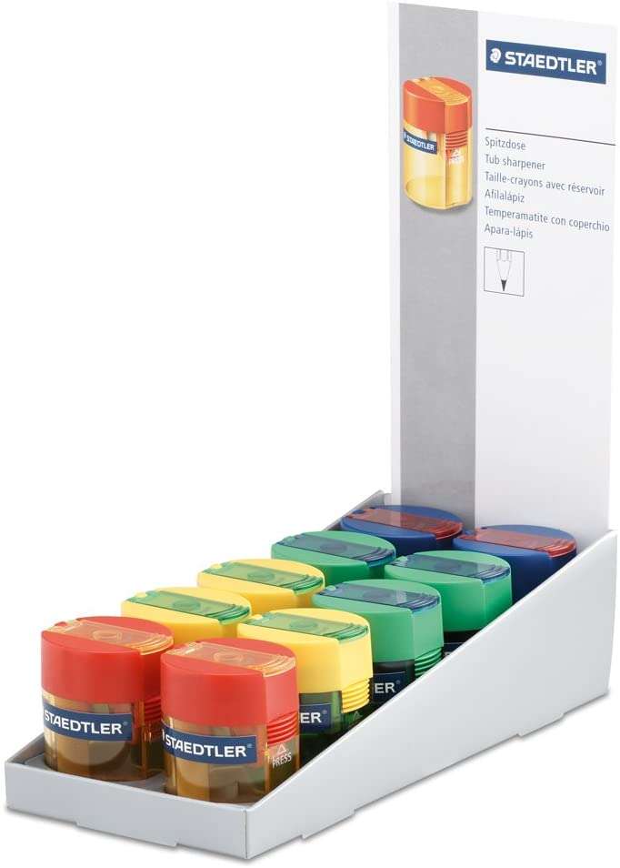 Staedtler Sacapuntas con Deposito de 1 Orificio - Hasta 8.2mm - Angulo de Afilado 23º - Colores Surtidos · Pack de 10 uds.