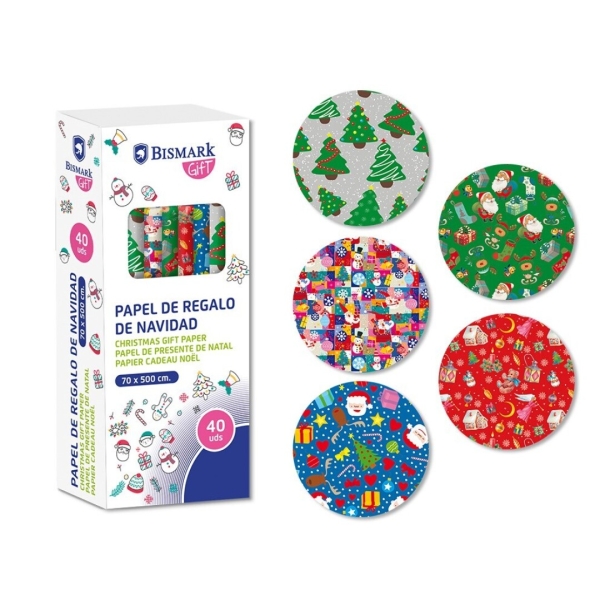 Bismark Navidad Juguetes Rollo de Papel Regalo - Medidas 70cmx500cm - 5 Diseños Diferentes · Pack de 40 uds.