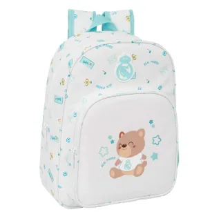 Safta Real Madrid Preescolar Mochila Infantil - Portabotellas - Bolsillo Frontal - Adaptable a Carro - Hombreras Acolchadas - 26x34x11cm - Color Blanco