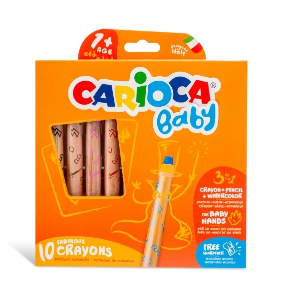 Carioca Baby 1+ 3In1 Pack de 10 Lapices - Lapiz, Cera y Acuarela en Uno - Cuerpo Extragrande Facil de Agarrar - Acuarelables con Agua y Pincel - Color Varios