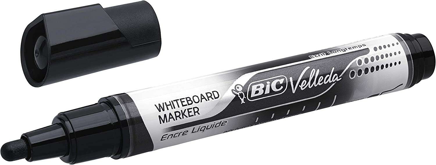 Bic Velleda Liquid Ink Marcador para Pizarra - Punta Media - Trazo 2.3mm - Tinta Liquida con Base de Alcohol - Color Negro · Pack de 12 uds.