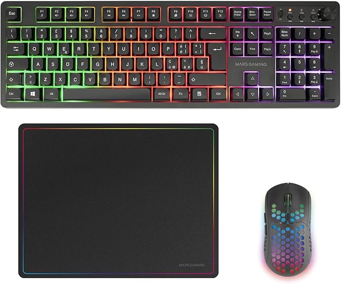 Mars Gaming MCPWX Combo Pack Gaming 3en1 - Teclado Hibrido H-Mech - Disposicion Italiana QWERTY IT - Raton 3200dpi - Switches HUANO - Color Negro