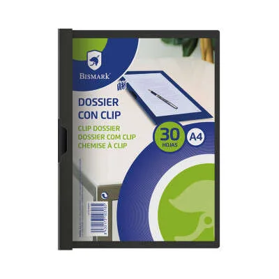Bismark Dossier para 30 Hojas A4 con Clip Metalico Lateral - Polipropileno Transparente - Color Negro · Pack de 5 uds.