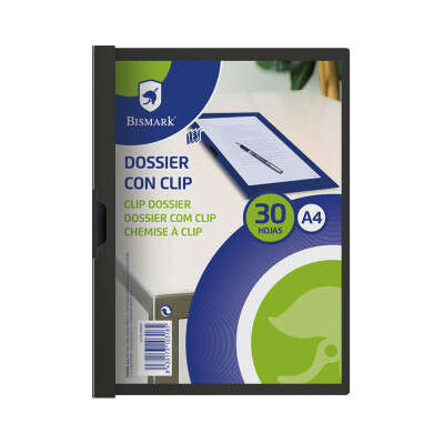 Bismark Dossier para 30 Hojas A4 con Clip Metalico Lateral - Polipropileno Transparente - Color Negro · Pack de 5 uds.