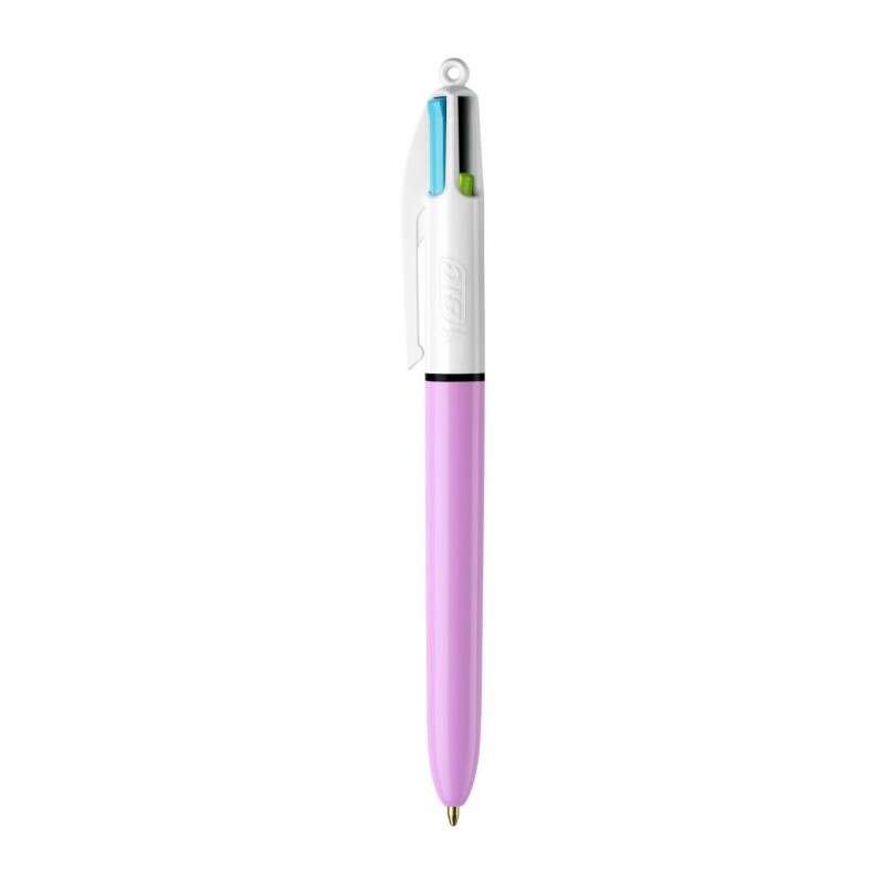 Bic 4 Colours Fun Boligrafo de Bola Retractil - Punta Media de 1.0mm - Tinta con Base de Aceite - Tinta de Colores: Rosa, Morado, Turquesa y Verde Lima - Cuerpo Lila/Blanco · Pack de 12 uds.