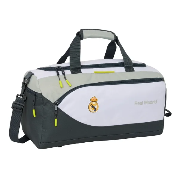 Safta Real Madrid Equipacion 25/26 Bolsa Deporte - Asa de Mano - Bandolera Ajustable y Extraible - 50x25x25cm - Color Blanco/Negro