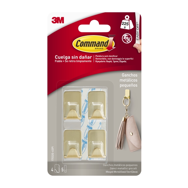 Command Pack de 4 Ganchos Compactos - Metalizado - 5 Tiras Adhesivas - Soporta hasta 225G - Talla S - Color Dorado