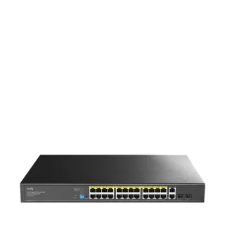 Cudy Switch 28 Puertos - Capacidad Conmutacion 56Gbps - 24x RJ45 PoE+ - 2x RJ45 GbE - 2x Gigabit SFP - Reinicio Automatico - Indicadores LED - 440x180x44mm - Color Negro
