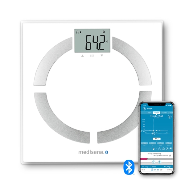 Medisana BS444 Bascula de Analisis Corporal con Bluetooth - Medicion de Peso, IMC, BMR y Composicion Corporal - Sensores de Alta Precision - Pantalla LCD Facil de Leer - Memoria para 8 Usuar