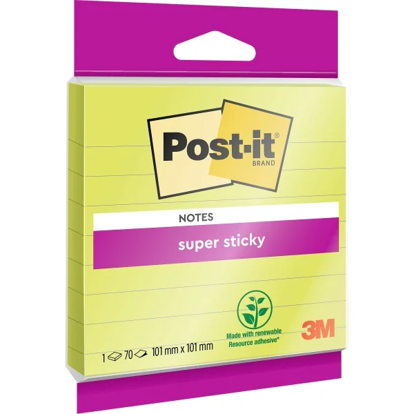 Post-It Super Sticky Pack de Hojas/Bloc, 1 Bloc de 70 Bloc de 70 Notas Grandes Adhesivas Reposicionables - con Lineas - 101x101mm - Color Verde