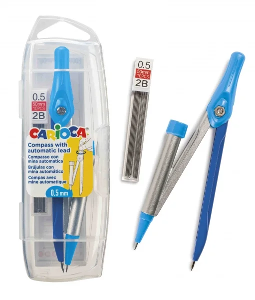 Carioca Compas Ajustable con Portaminas - Kit de Carga Mina HB 0.5 - Descenso de la Mina por Clic - Color Varios