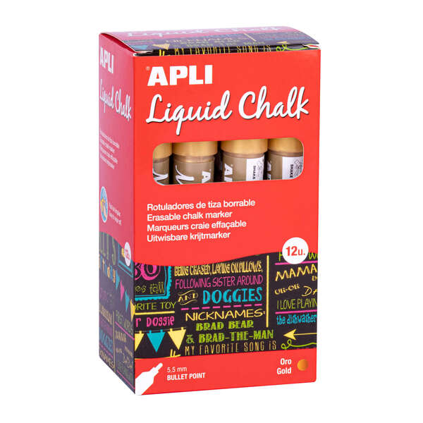 Apli Pack de 12 Rotuladores de Tiza Liquida - Punta Redonda - Ideal para Pizarras, Plastico, Vinilos, Metal, Etc - Facil de Borrar - Secado Rapido - Color Oro