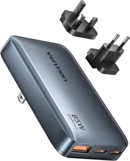 Vention Cargador de Pared - Ultra Slim - 65W - GaN - Enchufes EU y UK Intercambiables - 2xUSB-C - USB-A - Carga Rapida - Color Gris