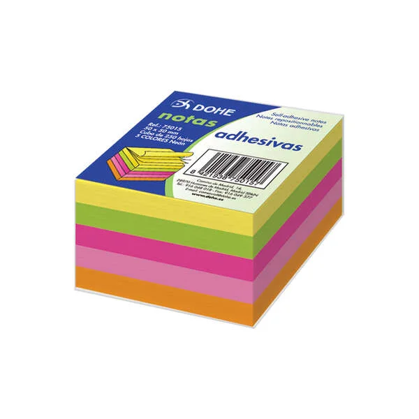 Dohe Cubo de 250 Notas Reposicionables - Tamaño 50x50mm - Papel de 75gr - Ideal para Oficina y Escuela - Colores Neon Surtidos