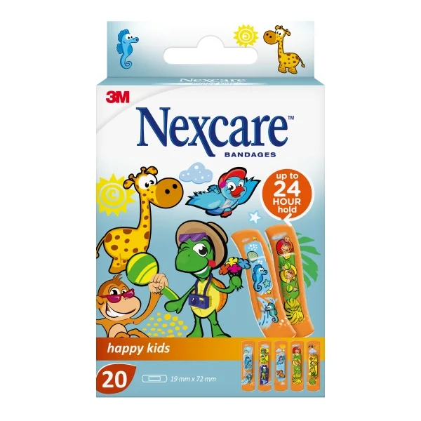 Nexcare Happy Kids Pack de 20 Apositos para Heridas - 19x72mm - Transpirables - para Pieles Delicadas - Color Estampado Infantil