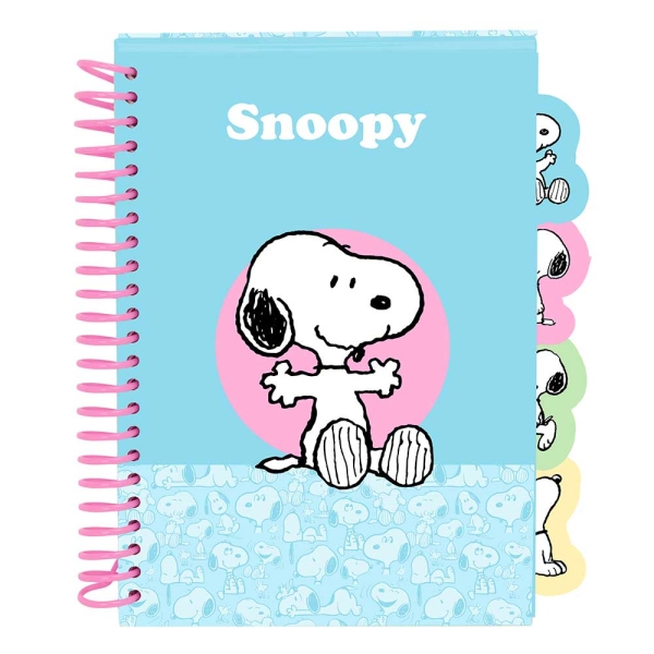 Safta Snoopy Bloc de Notas - Formato A5 - 80 Hojas de 80 g/m2 - Espiral - Tapas Duras - 4 Separadores Interiores - 14.8x2.1cm - Color Azul Claro
