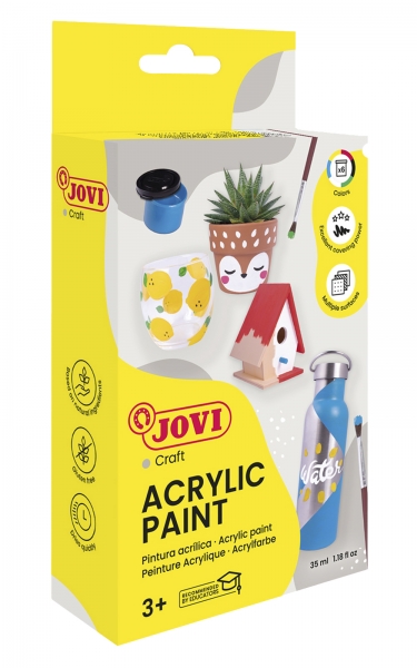 Jovi Pintura Acrilica Estuche con 6 Botes + Pincel - Acabado Satinado - Alto Poder Cubriente - Aplicacion Facil - Resistente al Agua y Jabon - Color Surtido