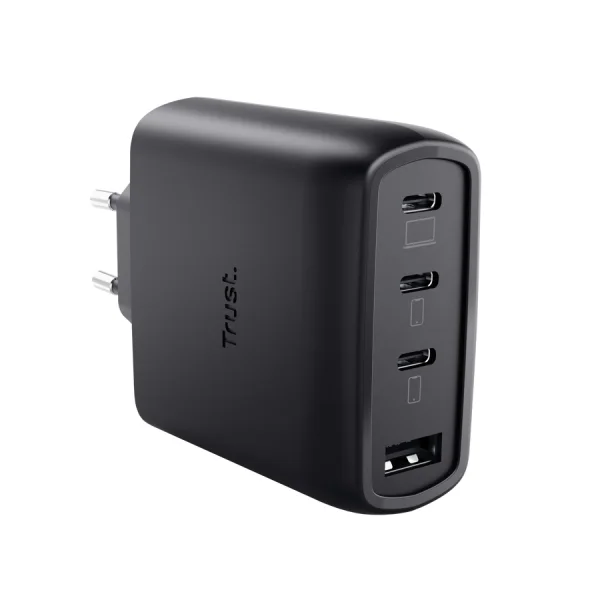 Trust Maxo Cargador de Pared - 65W - GaN - 3xUSB-C - USB-A - Cable USB-C de 2m - Power Delivery - Plastico Reciclado - 30x63x97mm - Color Negro