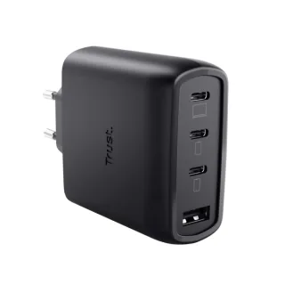 Trust Maxo Cargador de Pared - 65W - GaN - 3xUSB-C - USB-A - Cable USB-C de 2m - Power Delivery - Plastico Reciclado - 30x63x97mm - Color Negro
