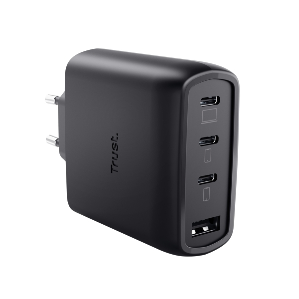 Trust Maxo Cargador de Pared - 65W - GaN - 3xUSB-C - USB-A - Cable USB-C de 2m - Power Delivery - Plastico Reciclado - 30x63x97mm - Color Negro