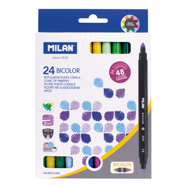 Milan Pack de 24 Rotuladores Bicolor - Tinta al Agua - Punta Conica de 5mm - Colores Surtidos