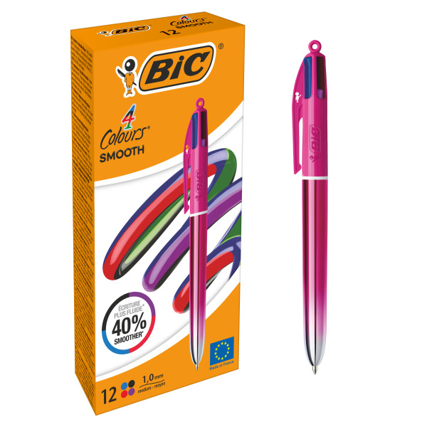 Bic 4 Colours Smooth Gradient Rosa Boligrafo de Bola Retractil - Punta Media de 1.0mm - Escritura un 40% mas Suave - 4 Colores de Tinta · Pack de 12 uds.