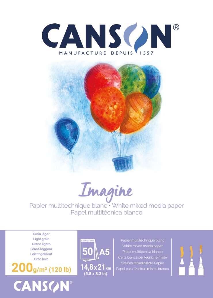 Canson Imagine Bloc Encolado de 50 Hojas A5 - Grano Fino - 14,8x21cm - 200g - Color Blanco
