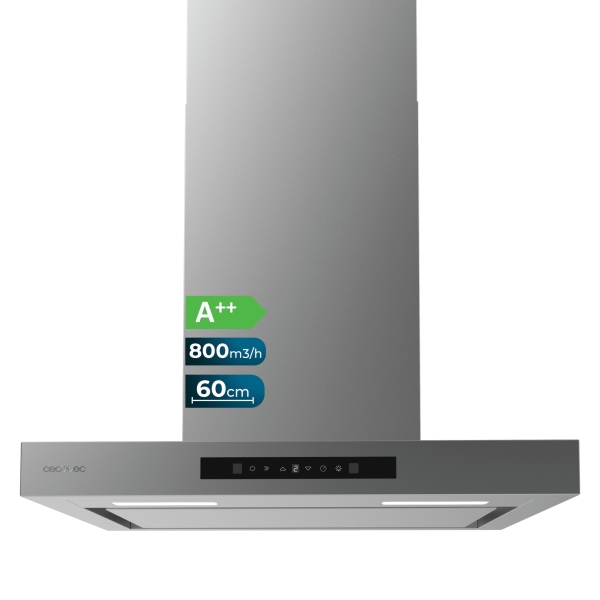 Cecotec Bolero Flux TT 608000 Slim Glass Black A++ Campana Extractora de 60cm - 210W - Succion 800m3/h - Luz LED - Pantalla LED - Incluye Accesorios - Acero Inoxidable - Filtros de Carbono -