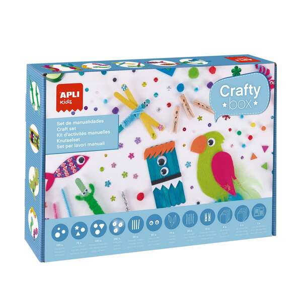Apli Kids Pack de Manualidades con Pompones, Formas de Goma EVA, Piedras Fantasia Adhesivas, Lentejuelas, Palos de Madera, Ojos Moviles, Plumas, Limpiapipas, Pinzas de Madera, Hojas de Goma EVA, Hojas de Fieltro
