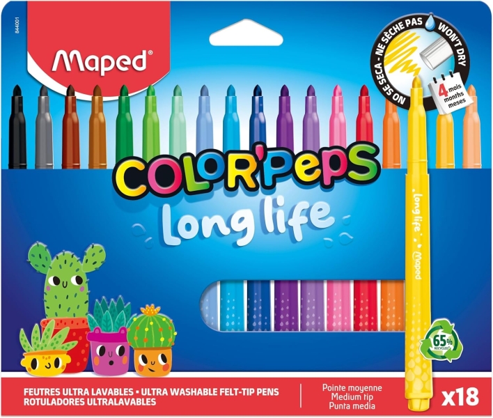 Maped Color`Peps Longlife Pack de 18 Rotuladores con Punta Media Bloqueada 3.7mm - Tinta Lavable - Colores Surtidos
