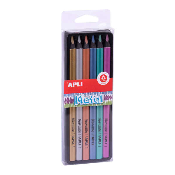 Apli Lapices Jumbo Metal Pack con 6 Lapices de Colores Jumbo - 5mm de Grosor - Forma Triangular para Mejor Sujecion y Cobertura - Colores Metalizados Surtidos