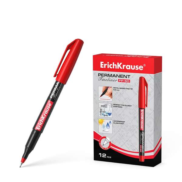 Erichkrause Marcador Permanente Fp-50 - Punta Fina de 0.6mm - Resistente a La Luz y El Agua - Color Rojo · Pack de 12 uds.