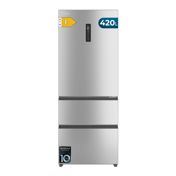Cecotec Bolero CoolMarket FD 420 Inox E Frigorifico Puerta Francesa - Capacidad 420L - Luz LED - Pantalla Digital - Compresor Inverter - Total Nofrost - Modo Vacaciones - Pantalla en Puerta