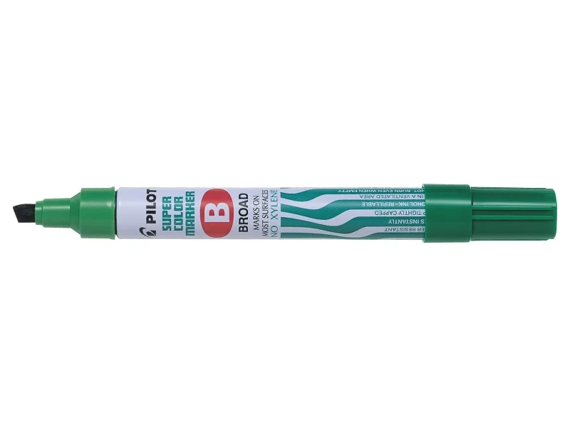 Pilot Super Color Rotulador Permanente Multisuperficie - Punta Biselada de Fibra - Tinta Base Alcohol Libre de Xileno - Cuerpo Metalico - Color Verde · Pack de 12 uds.