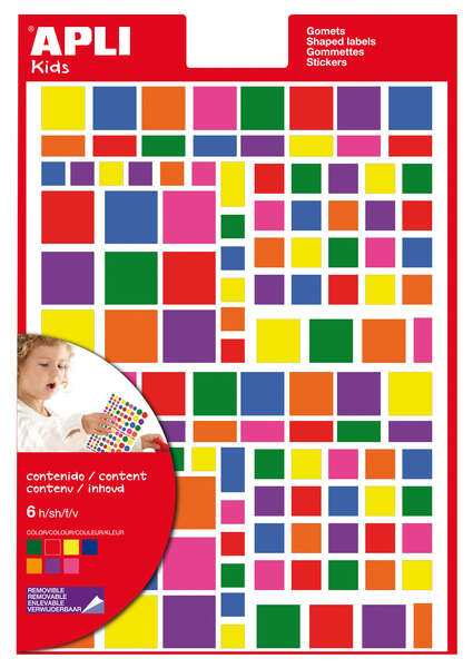 Apli Gomets Cuadrados Adhesivo Removible - Tamaños Surtidos - 732 Gomets por Bolsa - Desarrollo de Habilidades y Creatividad - Normas de Calidad y Seguridad - Colores Variados · Pack de 10 u
