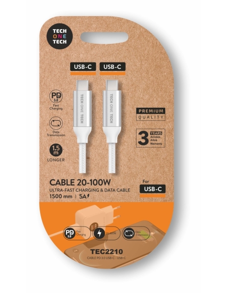 TechOneTech Cable USB-C Macho a USB-C Macho 1m - Recubierto de Nylon Trenzado Blanco
