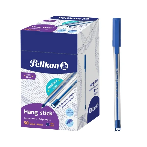 Pelikan Hang Stick Boligrafo de Bola - Trazo de 1mm - Capuchon Antiasfixia - Cuerpo Triangular Ergonomico - Gancho - Tinta a Base de Aceite - Color Azul · Pack de 50 uds.